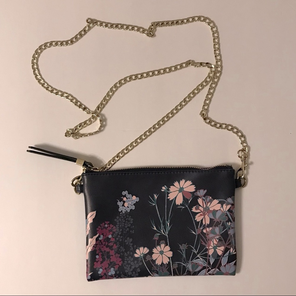 navy floral crossbody with chain link strap